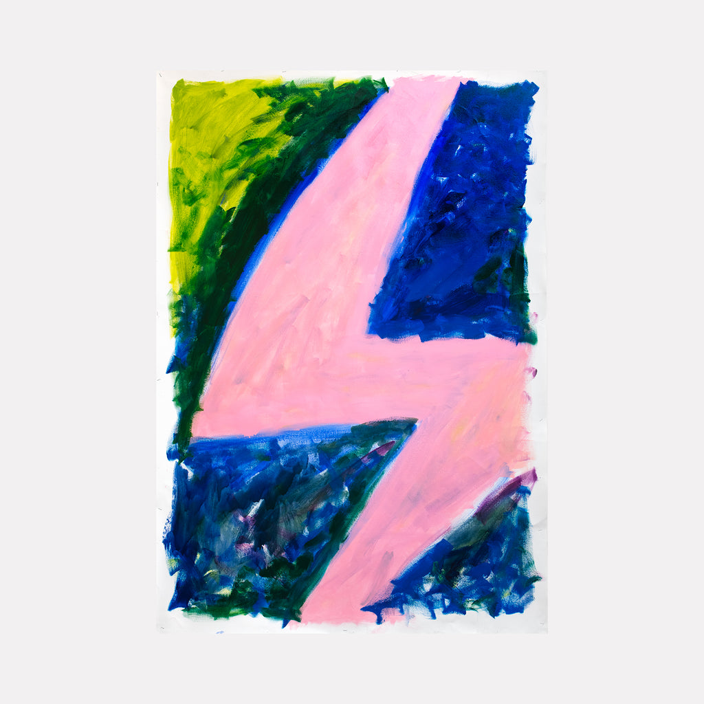 IPAOC0249 by Saehyun Paik showcases a bold abstract composition with a dynamic lightning bolt shape in soft pink contrasted against deep blues and vibrant greens, rendered with expressive, textured brushstrokes that convey energetic movement and vivid contrast in a modern, artistic style.