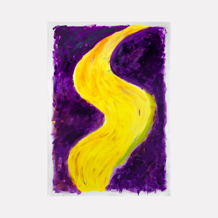 IPAOC0250 by Saehyun Paik features a bold, abstract composition with a vibrant, winding yellow stroke set against a rich, textured purple background, creating a striking contrast that evokes energy and movement within a modern, expressive art style.
