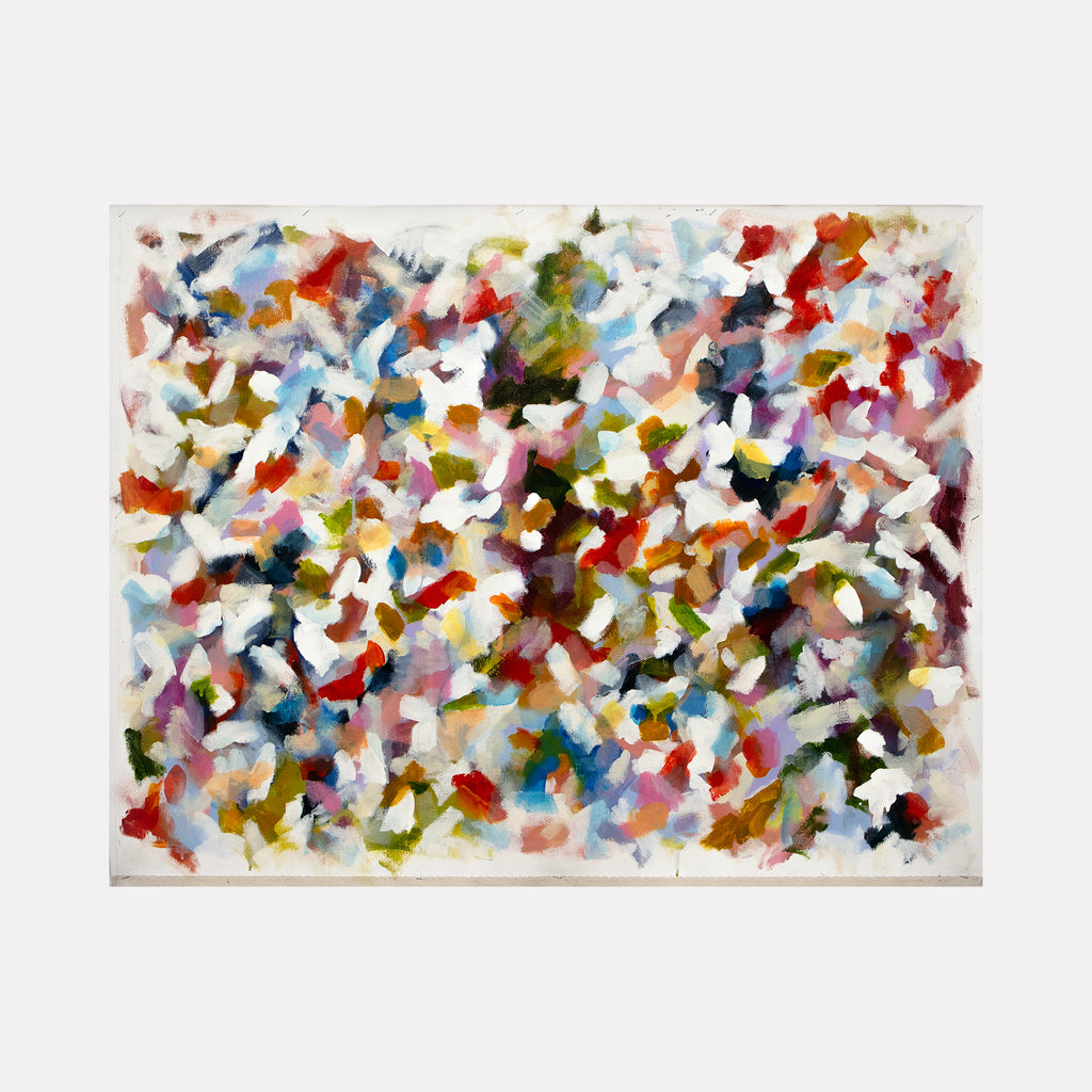 IPAOC0252 by Saehyun Paik features a lively, colorful abstract composition with scattered brushstrokes in reds, blues, greens, and softer pastels on a light background, creating a dynamic and energetic visual rhythm that invites contemplation within a contemporary expressive style.