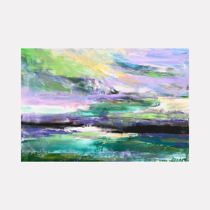 The artwork "IRISH LANDSCAPE" by Amadea Bailey depicts an abstract scenic view with broad, layered brushstrokes in greens, purples, blues, and hints of yellow, evoking a moody sky and rolling hills. The textured, impressionistic style captures the essence of the Irish countryside with blending colors and dynamic movement. Amadea Bailey.