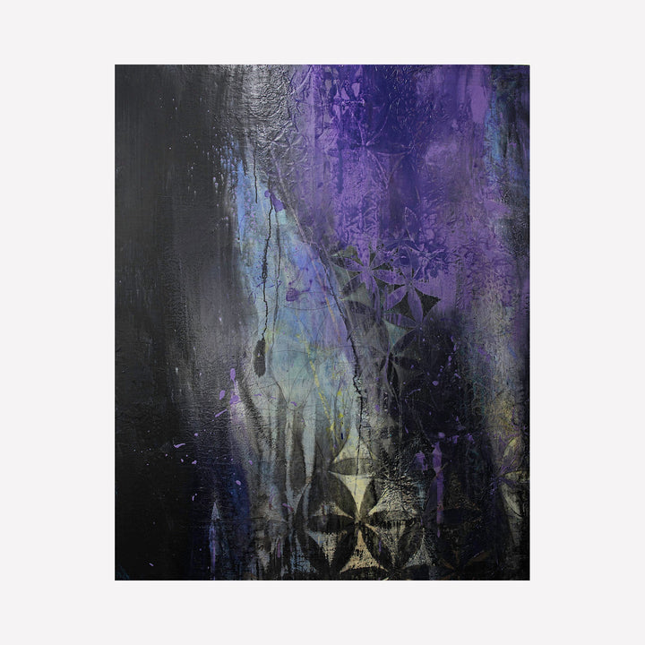 The artwork "I Surrender God Knows Best" by Deborah Chaney features a moody abstract composition with deep purples, blacks, and subtle blues blending together. Textured layers create a sense of depth, with geometric floral patterns reminiscent of Gustav Klimt’s ornamental style and the atmospheric abstraction found in Mark Rothko’s color fields.