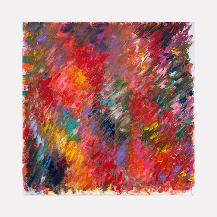 The artwork "IT DID NOT TAKE TOO LONG" by Gail Sarasohn features an abstract expressionist style with vibrant, dynamic brushstrokes blending reds, oranges, purples, and greens. The textured, layered composition evokes the energetic spontaneity of artists like Wassily Kandinsky and Joan Mitchell.