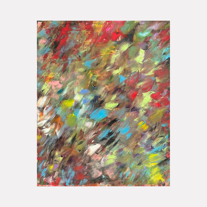 The artwork "IT MUST BE TRUE" by Gail Sarasohn features an abstract composition with vibrant, swirling brushstrokes in a rich palette of reds, greens, yellows, blues, and browns. The textured layers and dynamic movement evoke the impressionistic style reminiscent of Claude Monet's fluid color play and the energetic abstraction of Wassily Kandinsky's early works.