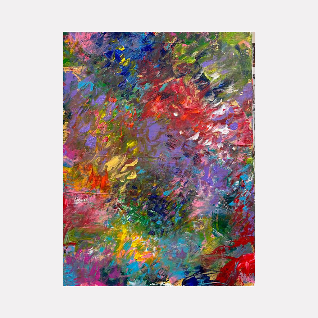 The artwork "IT WAS JUST THE OTHER DAY" by Gail Sarasohn showcases a vivid abstract composition rich in dynamic brushstrokes and layered textures. The piece blends vibrant reds, purples, blues, greens, and yellows, evoking the energetic styles of Claude Monet’s impressionism and Wassily Kandinsky’s abstract expressionism, creating a captivating visual harmony.