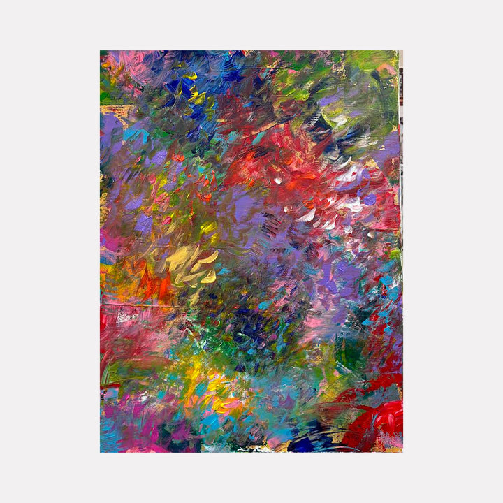 The artwork "IT WAS JUST THE OTHER DAY" by Gail Sarasohn showcases a vivid abstract composition rich in dynamic brushstrokes and layered textures. The piece blends vibrant reds, purples, blues, greens, and yellows, evoking the energetic styles of Claude Monet’s impressionism and Wassily Kandinsky’s abstract expressionism, creating a captivating visual harmony.