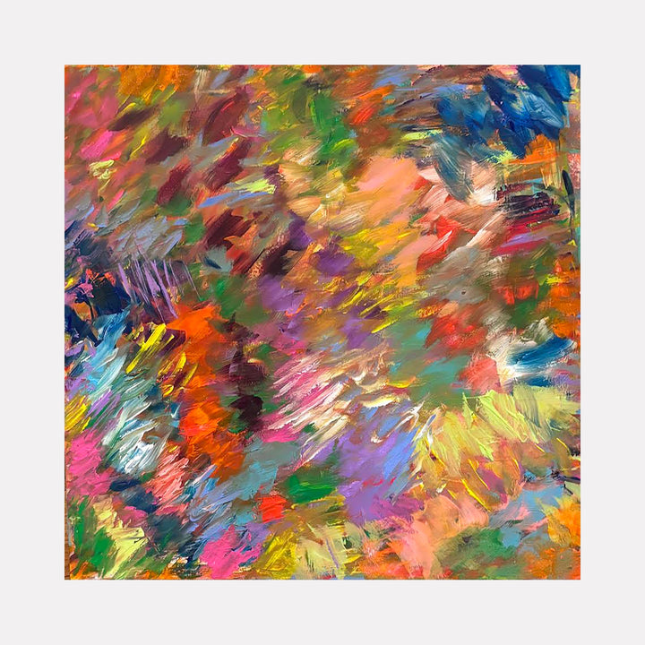 The artwork "I AM WAITING FOR THE DAY" by Gail Sarasohn features a vibrant abstract composition with dynamic brushstrokes in bold colors such as orange, green, blue, purple, pink, and yellow. The texture is rich and layered, evoking styles similar to Claude Monet’s impressionistic palette and the energetic abstraction of Wassily Kandinsky.
