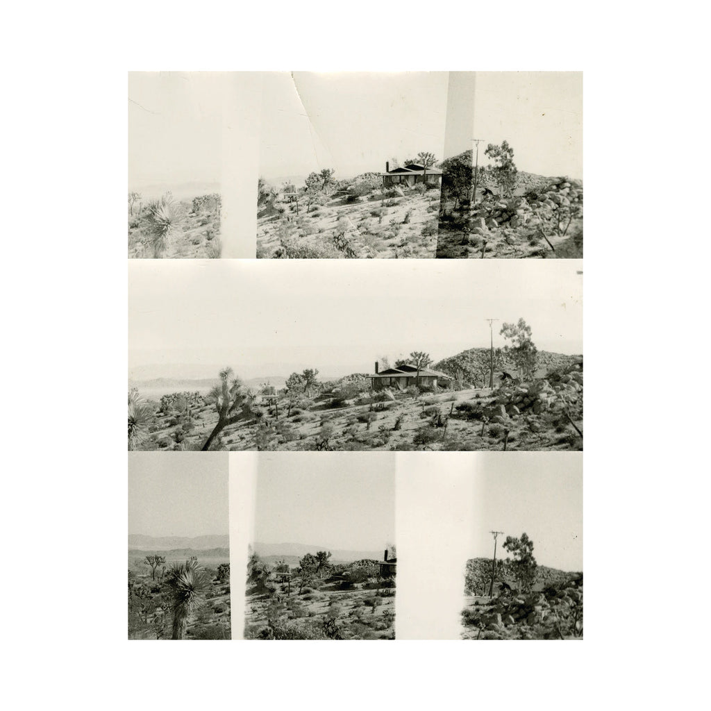 The artwork "I Didn't See it Then" features a triptych of sepia-toned, vintage-style landscape photographs depicting a rocky, arid terrain with scattered trees and a small rustic cabin. The images have a textured, aged appearance with visible vertical folds and creases, enhancing the nostalgic and timeless feel. By Kelly McGovern.