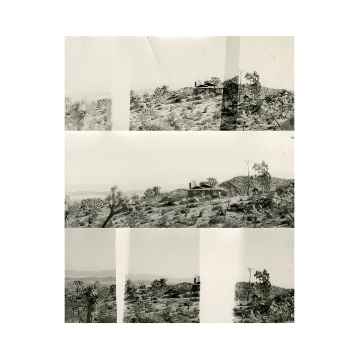 The artwork "I Didn't See it Then" features a triptych of sepia-toned, vintage-style landscape photographs depicting a rocky, arid terrain with scattered trees and a small rustic cabin. The images have a textured, aged appearance with visible vertical folds and creases, enhancing the nostalgic and timeless feel. By Kelly McGovern.