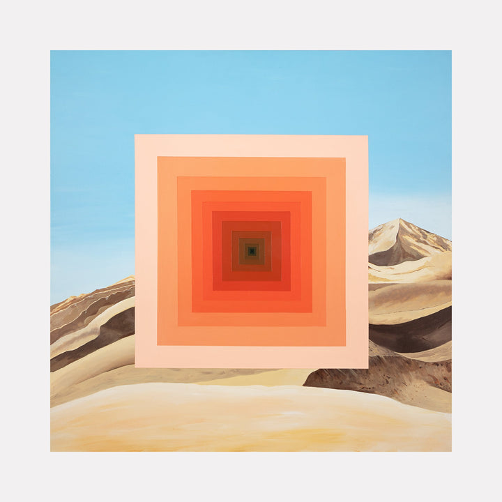 The artwork "i Remember It All It Was All So Beautiful" features a series of concentric squares in warm shades of red, orange, and peach floating above a desert landscape with rolling sandy hills and rugged mountains under a clear blue sky. By Adam Anglin.