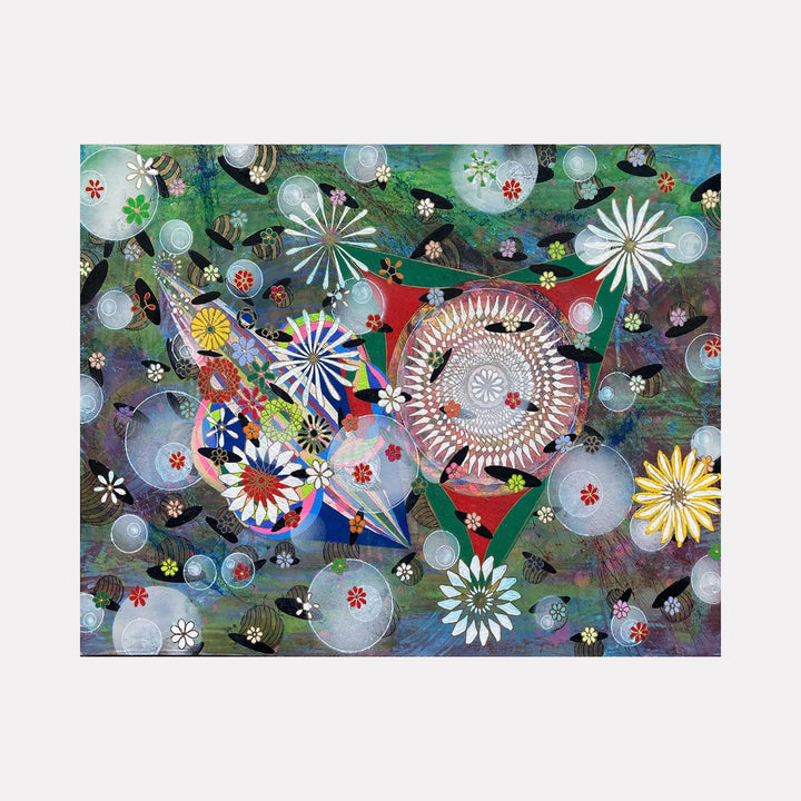 The artwork "I Startle Myself" features an intricate abstract composition with vibrant geometric shapes and swirling patterns in shades of green, blue, red, and white. Circular bubbles and floral motifs create a dynamic textured effect, blending organic and digital aesthetics. The piece is by Amy Cheng.
