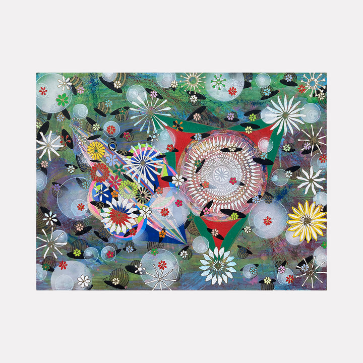 The artwork "I Startle Myself" by Amy Cheng features an abstract landscape with layered, translucent spheres and overlapping floral motifs in white, red, yellow, and black set against a richly textured green and blue background. The intricate patterns and vibrant geometry evoke the decorative complexity of Klimt and the surreal abstraction of Joan Miró.