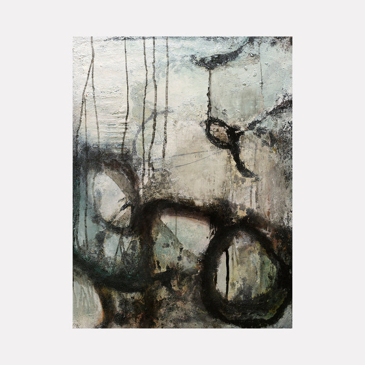 The artwork "I am Time" by Deborah Chaney features an abstract composition with textured layers of muted blues, grays, and blacks. Dark circular forms and vertical lines echo the organic spontaneity found in works by Cy Twombly and the raw textures reminiscent of Anselm Kiefer, evoking a contemplative passage of time.