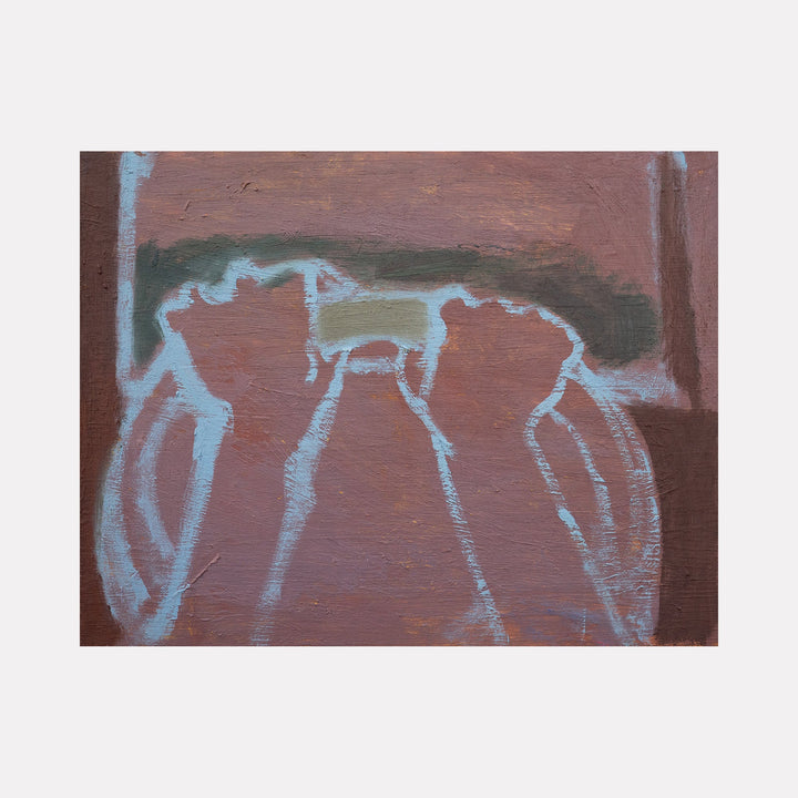 The artwork "I am lucky I found myself again [the road the sky the steering wheel the rain water washed me clean]" by Chelsie Sunde features abstract shapes of hands gripping a steering wheel, outlined in pale blue against a textured, earthy brown background with hints of green and muted reds, evoking a contemplative and introspective mood.