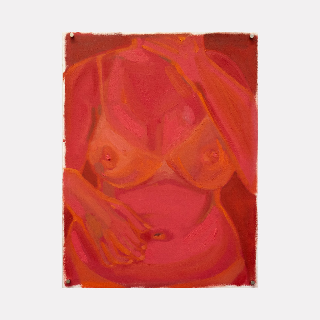 The artwork "I keep dreaming that I am back at summer camp [sunburn from 2025]" depicts a stylized female torso with vivid red and orange sunburn tones, using bold brushstrokes and a textured oil painting technique to emphasize warmth and rawness. The piece captures emotion through abstracted shapes and color contrasts by Chelsie Sunde.