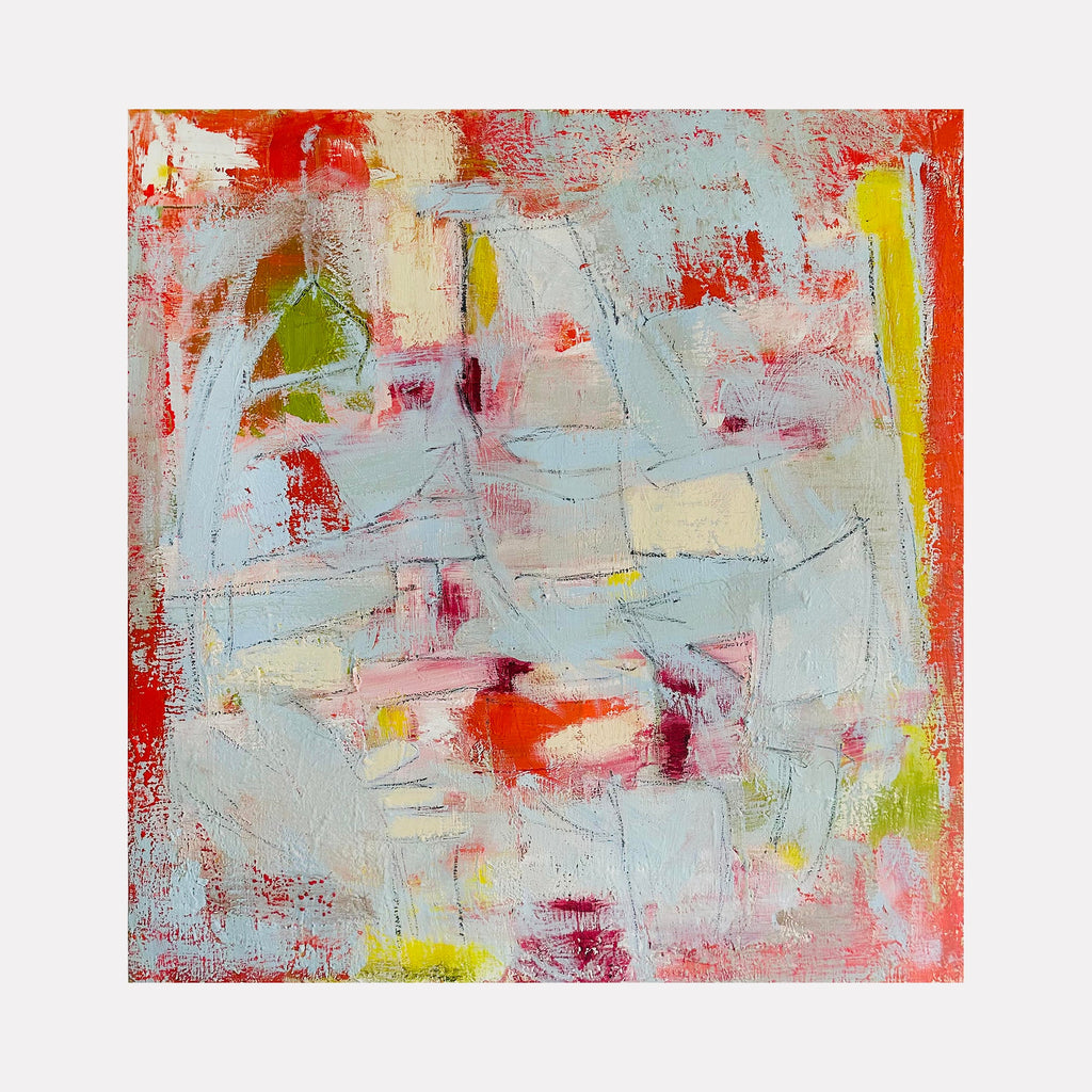 Artwork 'I Like Crazy' abstract oil painting featuring soft blue, red and yellow brushstrokes on textured linen canvas by Petra Nimtz