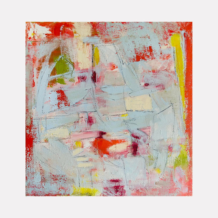 Artwork 'I Like Crazy' abstract oil painting featuring soft blue, red and yellow brushstrokes on textured linen canvas by Petra Nimtz