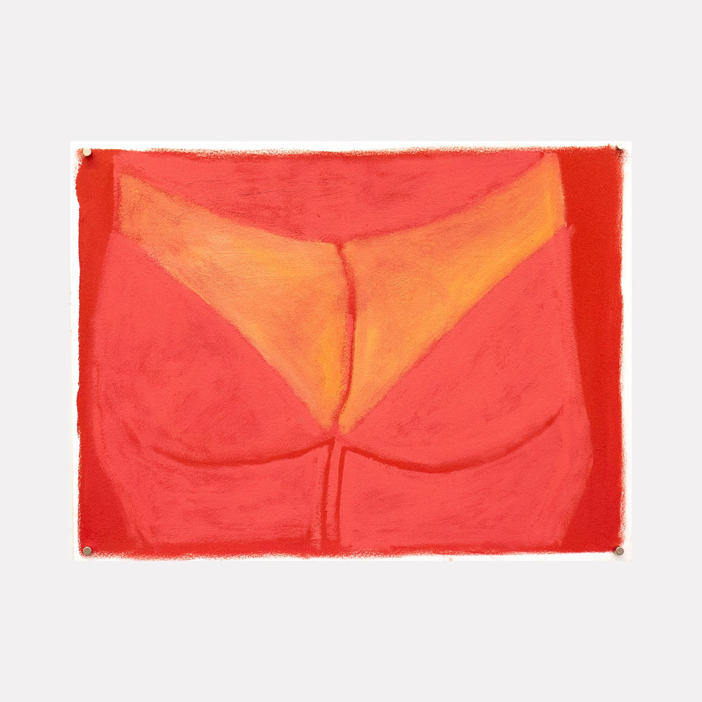 The artwork "I longed for California [sunburn, summer of ‘22]" features abstract shapes in warm, sun-kissed hues of red, orange, and peach, evoking the feeling of sunburned skin and summer warmth with textured brushstrokes. The minimalist composition captures a nostalgic summer vibe. By Chelsie Sunde.