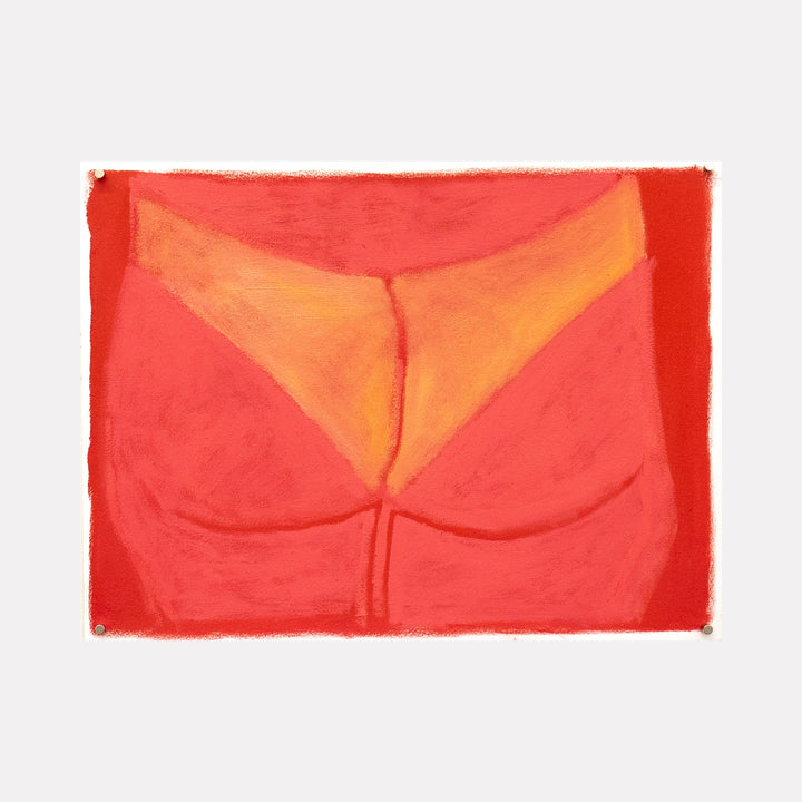 The artwork "I longed for California [sunburn, summer of ‘22]" features abstract shapes in warm, sun-kissed hues of red, orange, and peach, evoking the feeling of sunburned skin and summer warmth with textured brushstrokes. The minimalist composition captures a nostalgic summer vibe. By Chelsie Sunde.