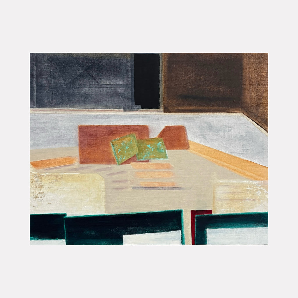 If Memory Serves by Cora Jane Glasser depicts an abstract interior scene with muted tones of beige, brown, and dark green, featuring geometric shapes that suggest furniture and windows, conveying a quiet, contemplative atmosphere in a modern art style.