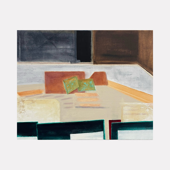 If Memory Serves by Cora Jane Glasser depicts an abstract interior scene with muted tones of beige, brown, and dark green, featuring geometric shapes that suggest furniture and windows, conveying a quiet, contemplative atmosphere in a modern art style.
