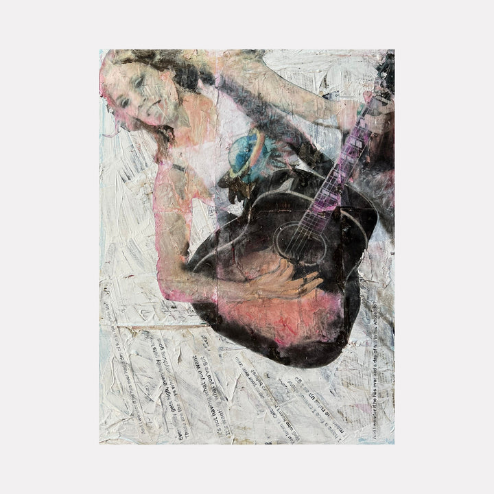 The artwork "If It Makes You Happy" depicts a textured mixed-media portrait of a woman playing a black acoustic guitar, rendered in soft pastel and muted tones with layered brushstrokes and collage elements reminiscent of Robert Rauschenberg’s assemblage style. The abstract background features newspaper clippings and expressive marks. By Robert Dec.