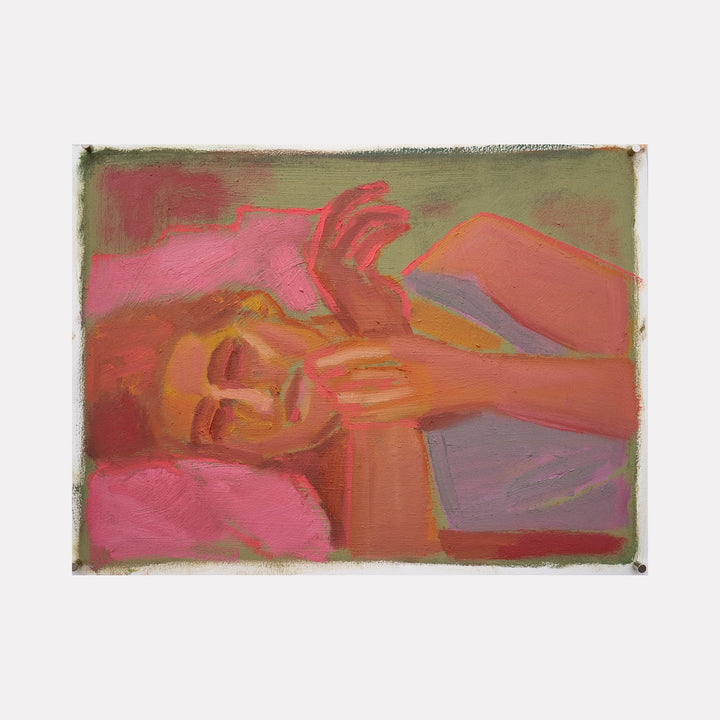 The artwork "If those old memories resurface, those long long long ago daydreams — don’t refuse them." by Chelsie Sunde depicts a person lying down with eyes closed, arms raised gently, rendered in warm hues of pink, orange, and muted green with soft, textured brushstrokes creating an intimate, dreamlike atmosphere.
