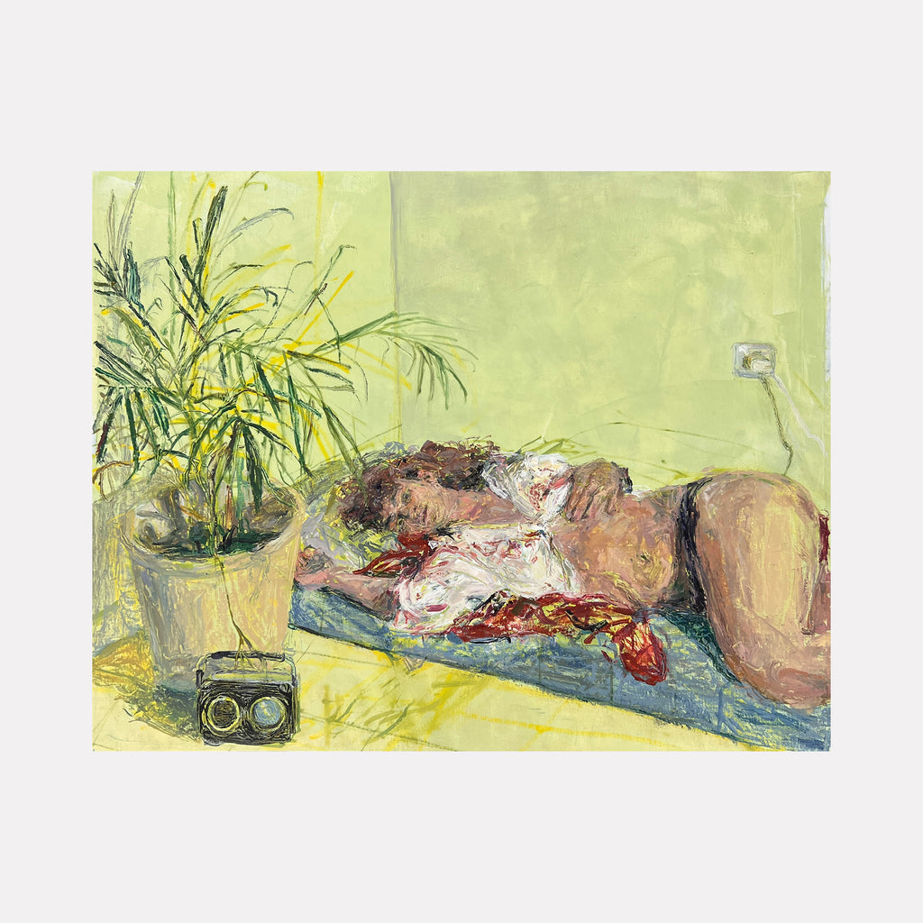 The artwork "Ilona and Plant, Resting" by Catherine Webb portrays a reclining figure partially clothed, lying beside a potted green plant and a vintage radio on a textured surface bathed in warm light. The painterly brushstrokes and muted, earthy tones evoke the intimate realism of Lucian Freud and the relaxed domesticity reminiscent of Alice Neel.