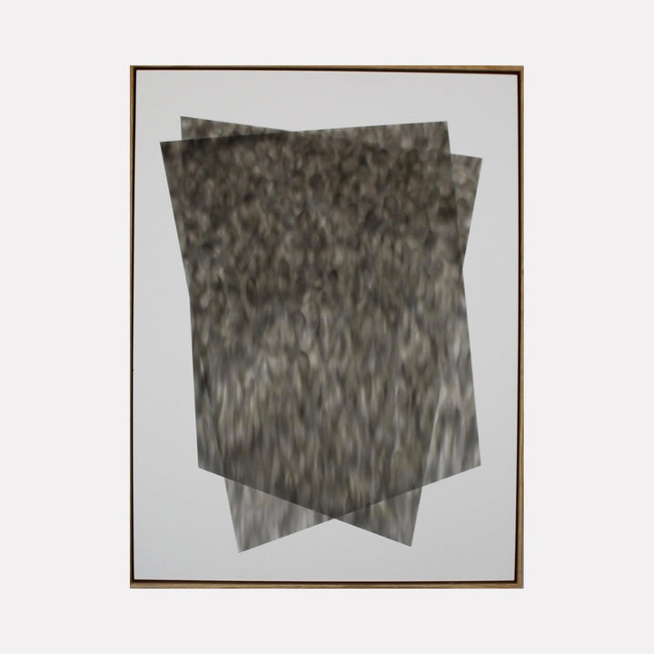 The artwork "Untitled 1" by Evan Ishmael features a layered abstract composition with overlapping translucent black and gray shapes on a white background. The textured, smoky surfaces and soft edges evoke minimalism and subtle depth, reminiscent of the atmospheric abstraction found in works by Mark Rothko and Agnes Martin.