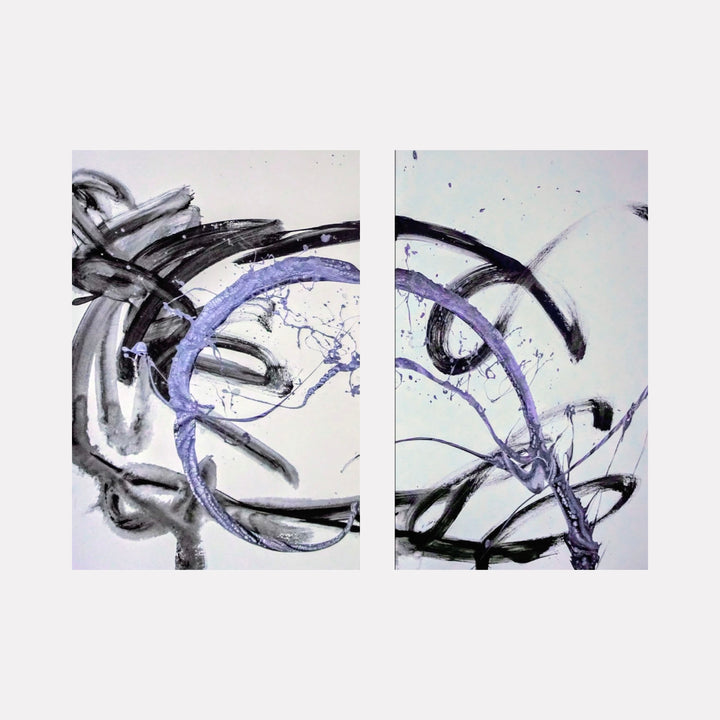 Impact by Nicholas Franklin presents a dynamic abstract diptych featuring bold black strokes intertwined with fluid lavender arcs and splatters against a soft white backdrop, evoking movement and energy while balancing chaos with delicate, sweeping forms in a contemporary artistic expression.