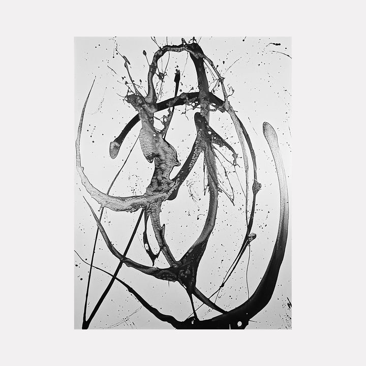 The artwork 'Impulse' by Nicholas Franklin features dynamic black ink splashes and sweeping curves on a white canvas. Bold, spontaneous brushstrokes create abstract patterns with dramatic movement and energy. The monochromatic composition displays expressive splatters and flowing lines reminiscent of action painting techniques.
