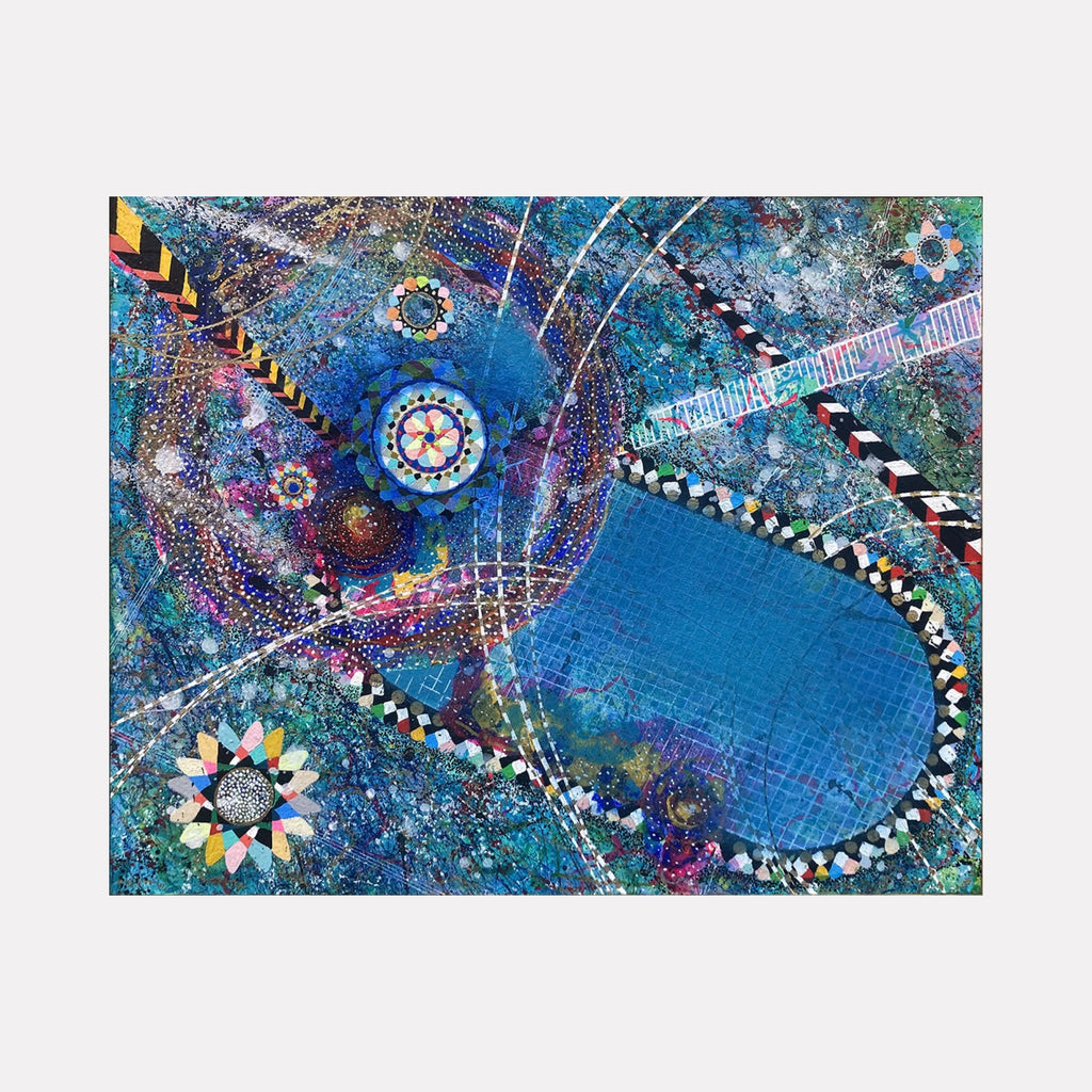 The artwork "In a Millisecond" by Amy Cheng features an abstract composition with swirling blue and green textures, accented by circular and floral motifs in vibrant colors. Various striped and checkered patterns intersect the canvas, creating a dynamic sense of motion and depth. The piece by Amy Cheng.
