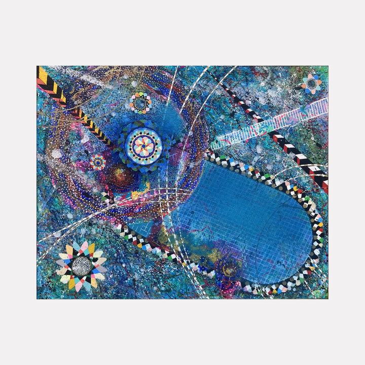 The artwork "In a Millisecond" by Amy Cheng features an abstract composition with swirling blue and green textures, accented by circular and floral motifs in vibrant colors. Various striped and checkered patterns intersect the canvas, creating a dynamic sense of motion and depth. The piece by Amy Cheng.