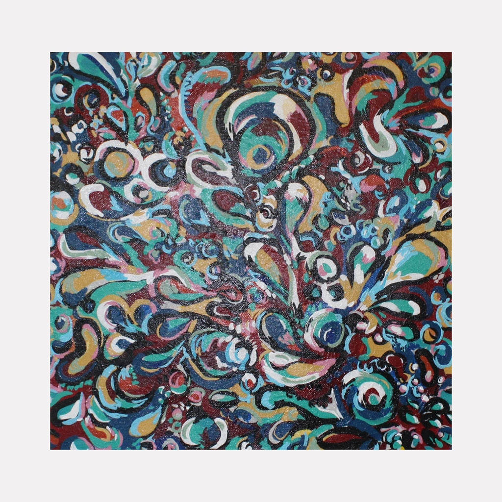 The artwork "In Bloom" features an intricate abstract composition with swirling shapes and organic forms in rich teal, maroon, cream, and gold tones. The textured brushstrokes create a dynamic sense of movement reminiscent of blooming flora. This vibrant and detailed piece by Kaitlin Andrews captures a lively, floral-inspired energy.