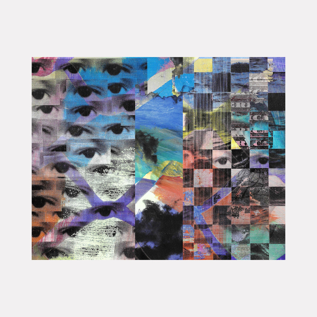 The artwork "In The Clouds" by Francisco Donoso features a collage of fragmented eyes layered over an abstract background with a mosaic of colorful squares blending blues, purples, blacks, and muted earth tones. The piece evokes a surreal, dreamlike quality reminiscent of works by Pablo Picasso and David Hockney, combining cubist and modern collage styles.