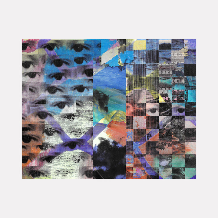 The artwork "In The Clouds" by Francisco Donoso features a collage of fragmented eyes layered over an abstract background with a mosaic of colorful squares blending blues, purples, blacks, and muted earth tones. The piece evokes a surreal, dreamlike quality reminiscent of works by Pablo Picasso and David Hockney, combining cubist and modern collage styles.