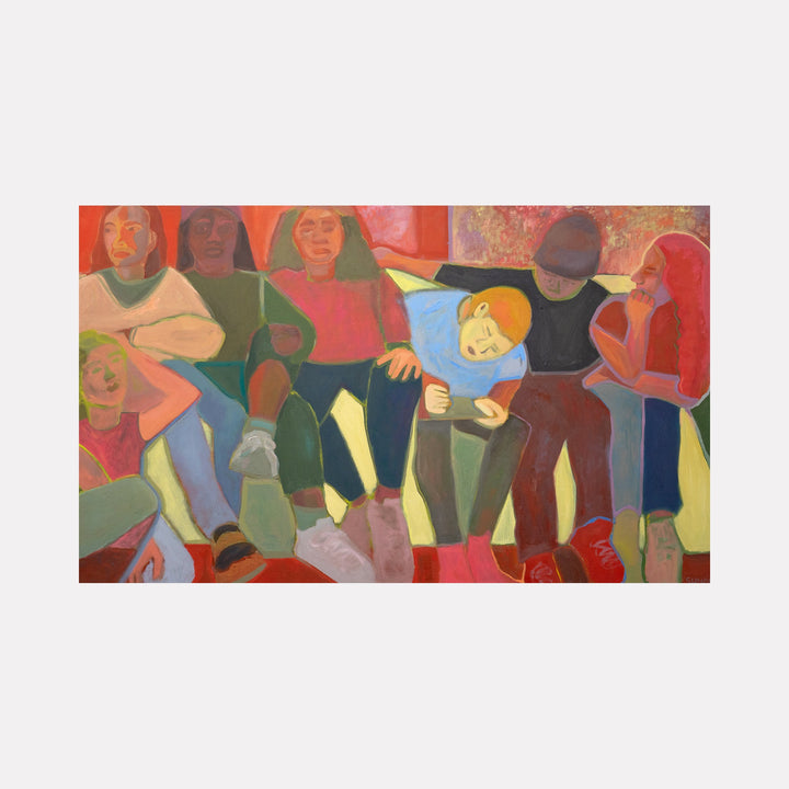 The artwork "In my head they were gods [a memory from my college years]" by Chelsie Sunde depicts a group of seven abstractly rendered figures seated closely together, using warm earthy tones with splashes of red, green, blue, and yellow. The textured, painterly style evokes a nostalgic, intimate moment from youth. Chelsie Sunde.