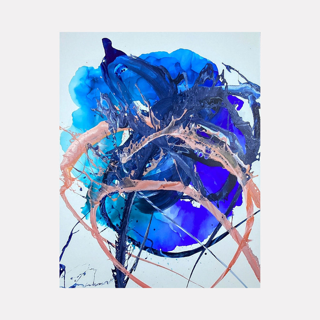 The artwork 'In the Clouds' features dynamic swirls of vibrant blue hues ranging from turquoise to deep cobalt, intertwined with delicate coral pink lines creating an abstract, ethereal composition. Bold brushstrokes and fluid acrylic techniques create a sense of movement and depth on canvas by Nicholas Franklin.