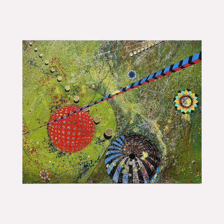 The artwork "Inception of Awareness" features abstract circular forms and textured patterns on a predominantly green background with hints of yellow and red. A red sphere with dotted patterns contrasts against a black and blue striped orb, intersected by a diagonal striped line in blue and red. The piece incorporates intricate geometric shapes and layered textures, showcasing a contemporary mixed-media style by Amy Cheng.