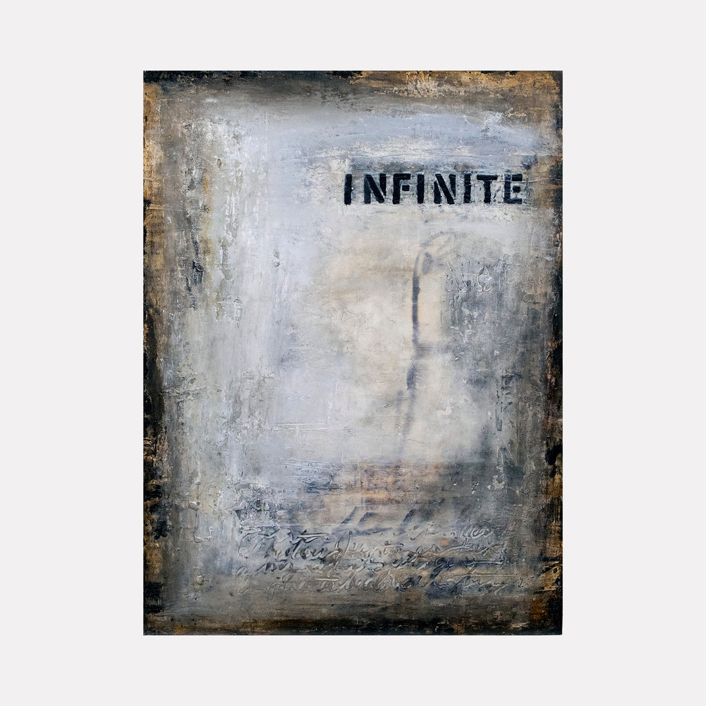 The artwork "Infinite" by Deborah Chaney features an abstract composition with a textured, weathered surface in muted shades of grey, beige, and black. The word "INFINITE" is stenciled in bold black letters, evoking a minimalist, contemporary style reminiscent of Cy Twombly and Mark Rothko’s atmospheric abstraction.