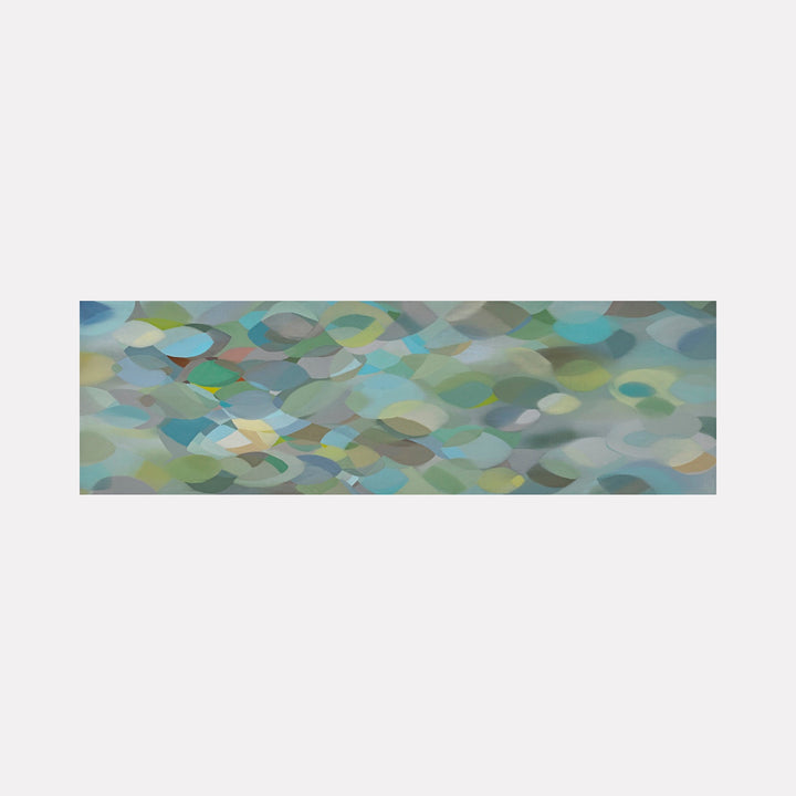The artwork "Sand" by Lisa Ingram features an abstract composition of interlocking, soft-edged shapes in muted greens, blues, and sandy beige tones. The layered translucent forms create a textured, flowing pattern reminiscent of water reflections. The style evokes the subtle abstraction and color harmonies found in the works of Helen Frankenthaler and Sean Scully.