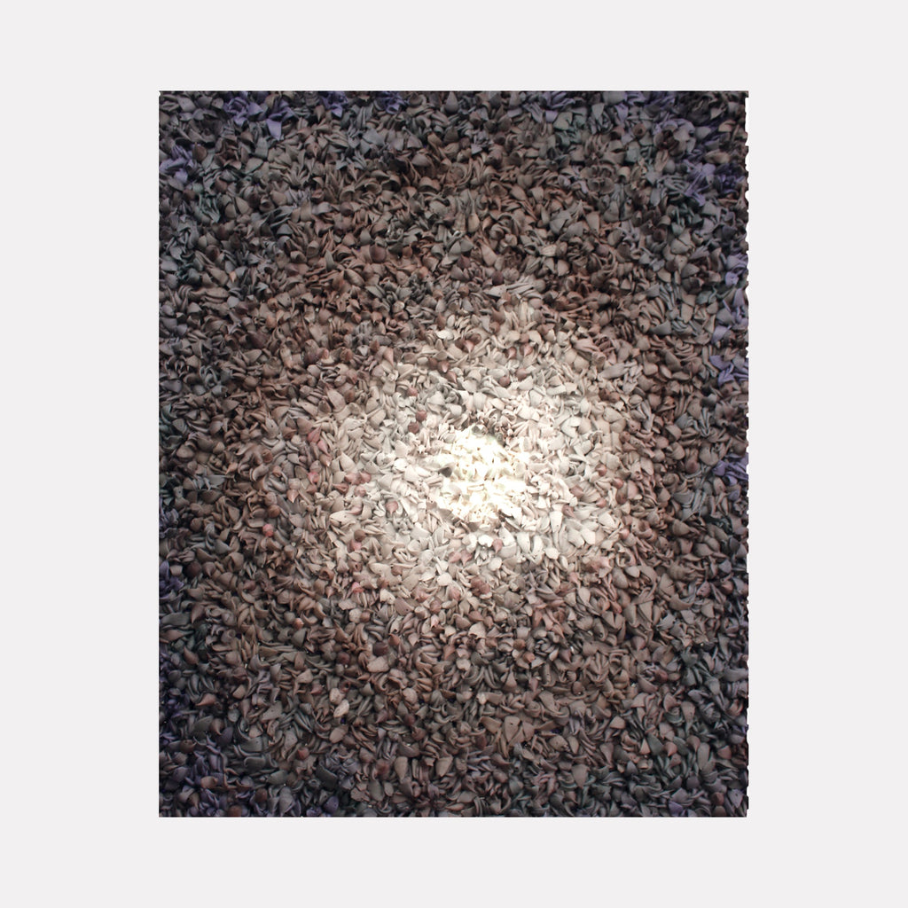 The artwork "Ingress" by Seren Morey features a dense cluster of twisted, leaf-like forms in muted earthy tones with a gradual brightening toward the center, evoking a radiant focal point. The intricate texture and organic shapes recall the tactile complexity of artists like Anselm Kiefer and the abstract light play reminiscent of Mark Rothko's color fields.