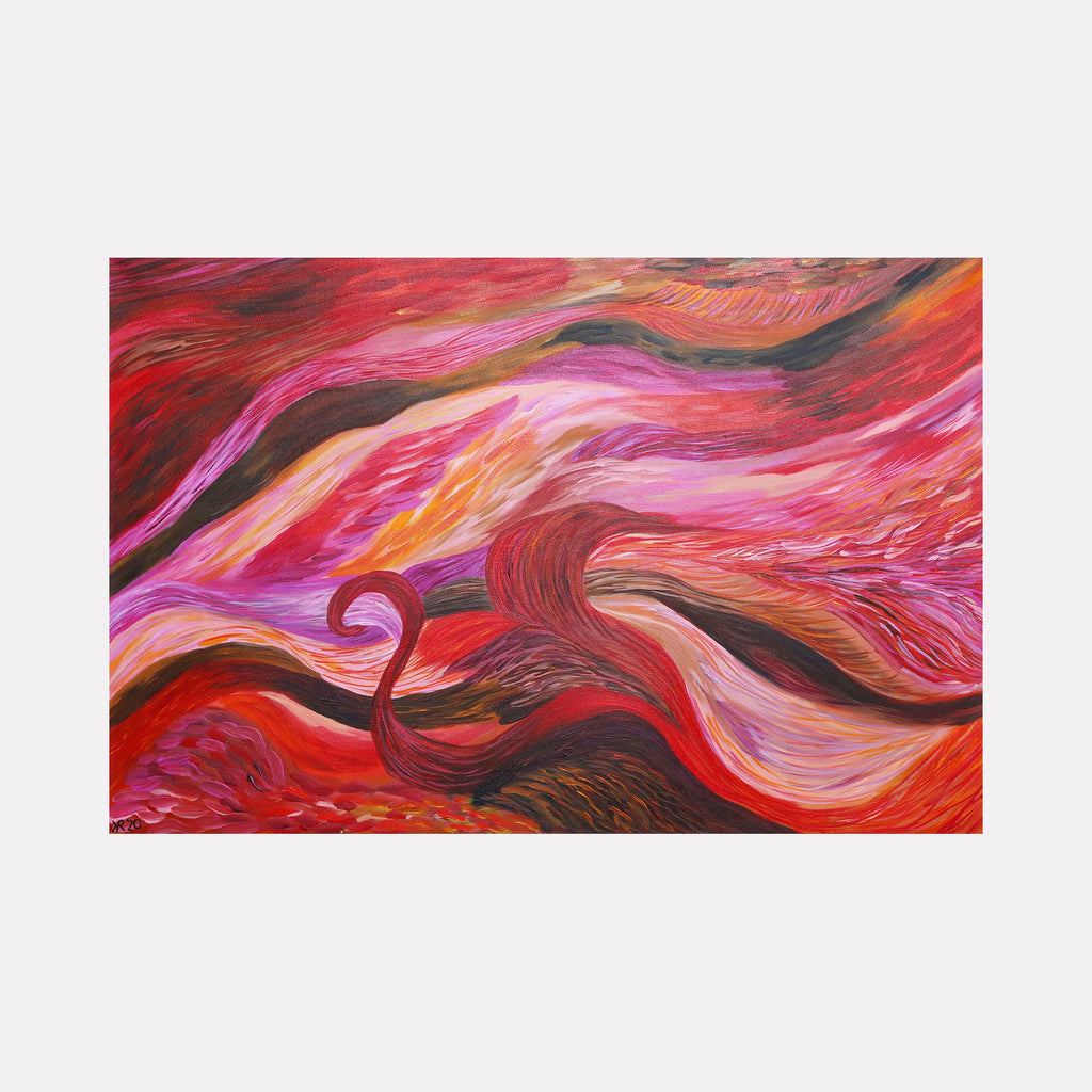 The artwork "Inner Strength" by Kim Rosebud features flowing, dynamic swirls and waves in shades of red, pink, orange, and black, conveying energy and movement with textured acrylic brushstrokes on a 24 by 36-inch canvas. The vibrant, abstract composition embodies resilience and power. Kim Rosebud.
