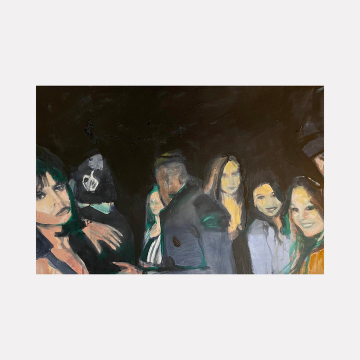 The artwork "Inside" by Chris Baily features a moody, figurative composition with loosely rendered human forms set against a dark background. The muted palette with subtle highlights evokes a sense of introspection and social tension, reminiscent of the atmospheric, shadowy figures found in works by Lucian Freud and Edward Hopper.