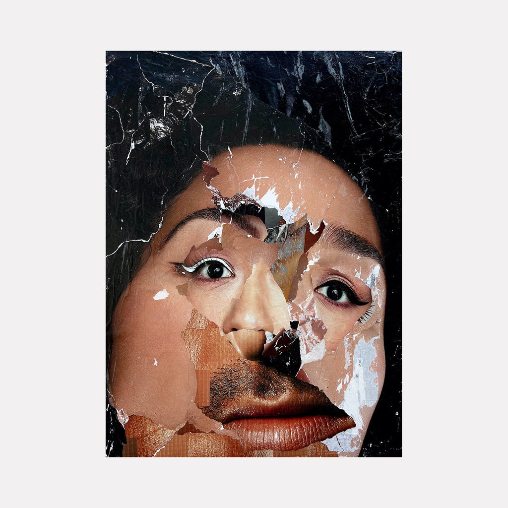 The artwork "Inside Out" features a fragmented, layered portrait with torn paper textures revealing multiple facial features blended together, including eyes, lips, and skin tones in a collage style set against a dark, textured background. The piece evokes complexity and depth in human emotion. By Amy Turner.