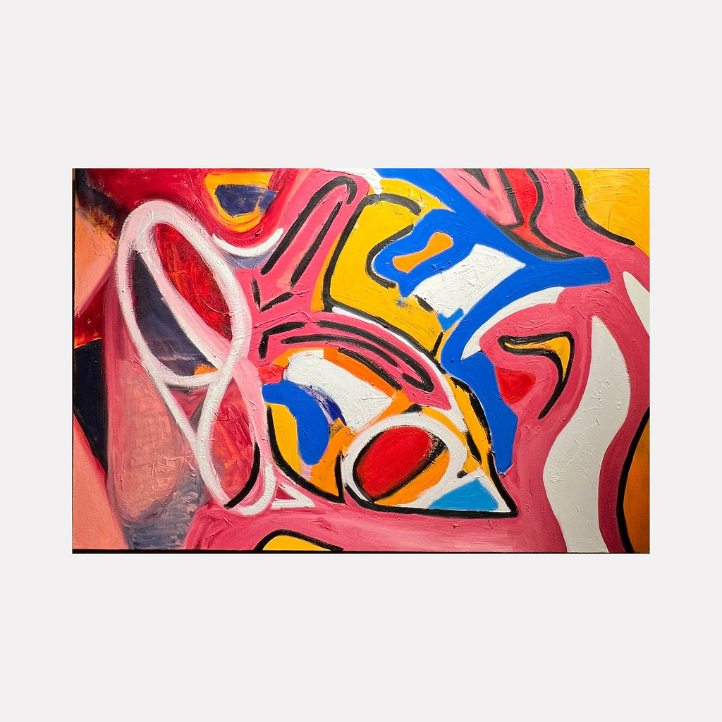 The artwork 'Interconnectedness' features vibrant abstract forms with curved lines and bold colors including bright pink, royal blue, yellow, and white. The oil painting showcases fluid, interwoven shapes creating a dynamic composition with organic flowing patterns and sharp geometric elements against a warm background. By Genevieve Antonello.