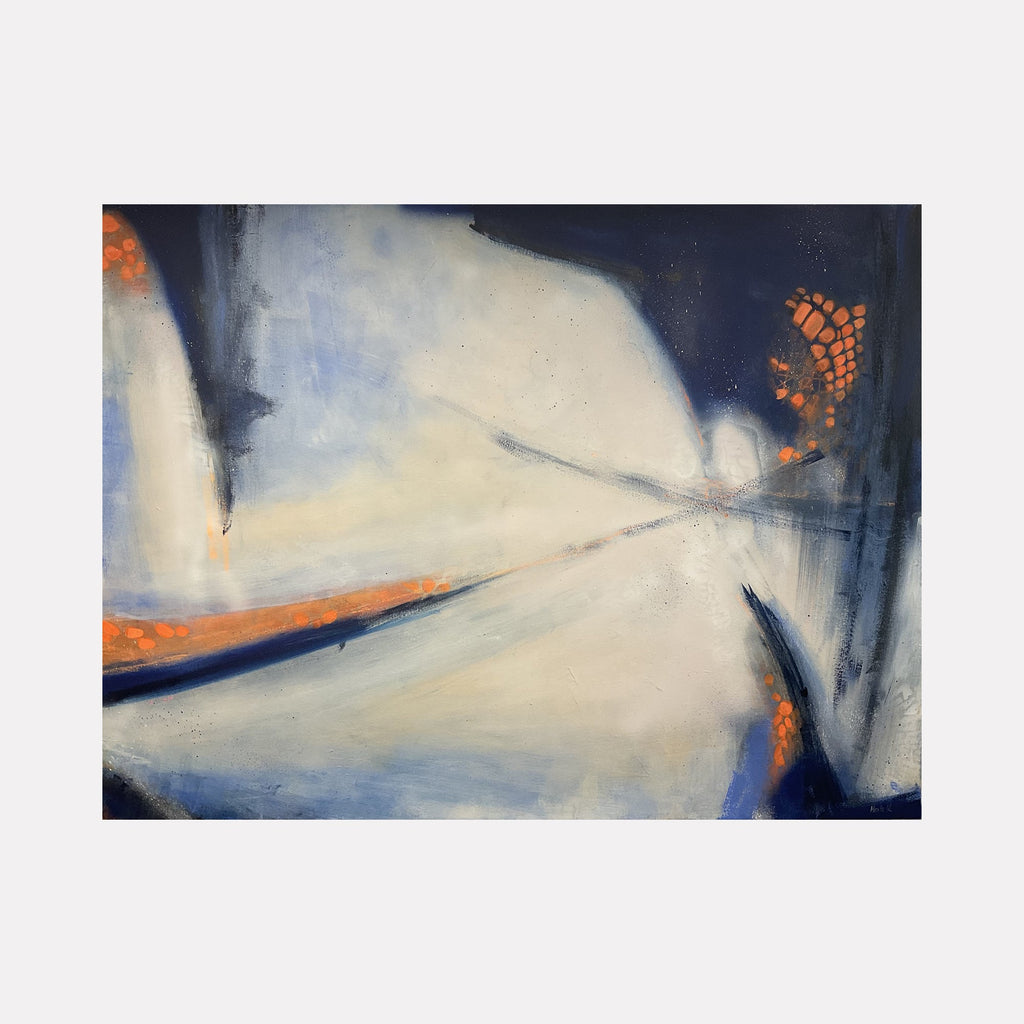 The artwork "Intersection of tranquility" by Marta Nowicka features an abstract composition with soft gradients of muted blues and creamy whites intersected by bold strokes of deep navy and vibrant orange accents. The textured layering and dynamic forms evoke the meditative abstractions of Mark Rothko and Helen Frankenthaler.