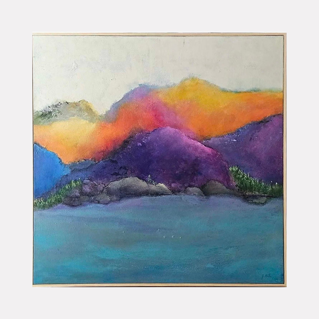 The artwork Invitation to Illumination by Janyce Erlich-Moss showcases a vibrant, abstract landscape with bold, flowing shapes in rich purples, oranges, blues, and greens. The textured, layered brushstrokes evoke styles reminiscent of Georgia O'Keeffe's colorful abstractions and the soft gradients found in Mark Rothko’s color fields, blending nature with expressive emotion.