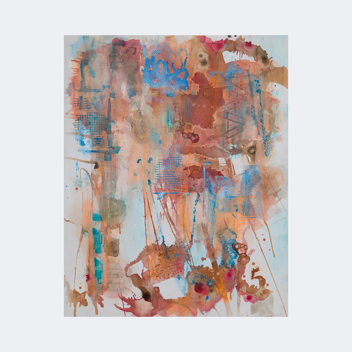 The artwork "Is Brown Prettier than Pink" by Lisa Petker Mintz is an abstract composition featuring layered splashes and drips of earthy browns and soft pinks contrasted with vibrant blue accents. The textured surface and fluid forms evoke the spontaneous energy found in works by Helen Frankenthaler and Wassily Kandinsky, blending organic shapes with a dynamic interplay of color.