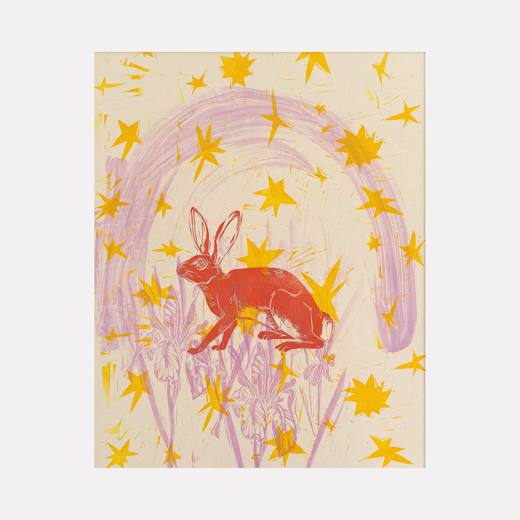 The artwork "It's Now a Temple" features a red rabbit at the center surrounded by yellow star shapes scattered across a beige background with soft purple brushstrokes and floral line drawings. The composition blends whimsical and abstract styles with vibrant color contrasts. Created by Ashley Ranae Quick.