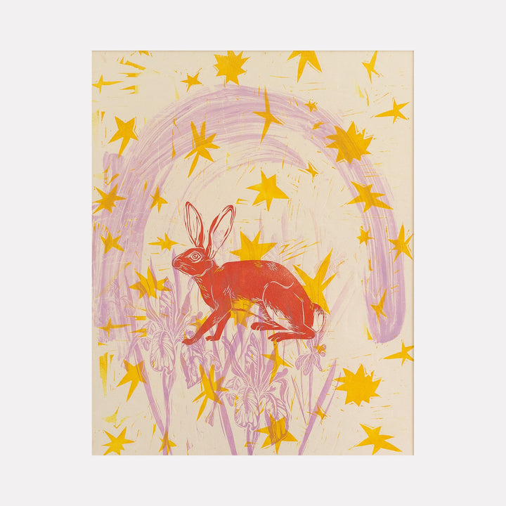 The artwork "It's Now a Temple" features a red rabbit at the center surrounded by yellow star shapes scattered across a beige background with soft purple brushstrokes and floral line drawings. The composition blends whimsical and abstract styles with vibrant color contrasts. Created by Ashley Ranae Quick.